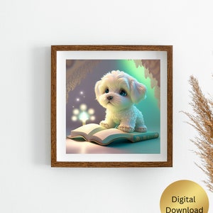 Cute Puppy Dog reading a book Nursery Art Printable, Digital Instant Download, Digital Print, AI Generated, Wall Art, Cute Animal image 2