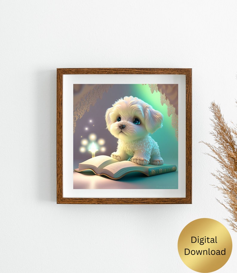 Cute Puppy Dog reading a book Nursery Art Printable, Digital Instant Download, Digital Print, AI Generated, Wall Art, Cute Animal image 2