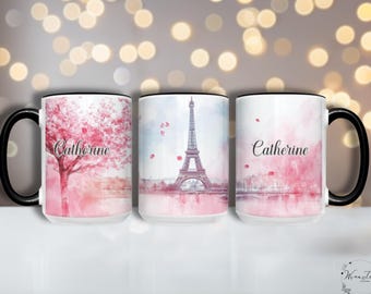 Personalized Watercolor Paris Eiffel Tower Mug Custom Name Paris Souvenir Mug French Travel Gift Romantic Paris Scene Ceramic
