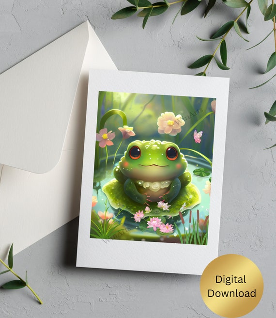 Frog Wall Art Cute Baby Frog in a Pond Pink Flowers Lilypads Printable,  Nursery Digital Instant Download, Digital Art Nursery Decor 