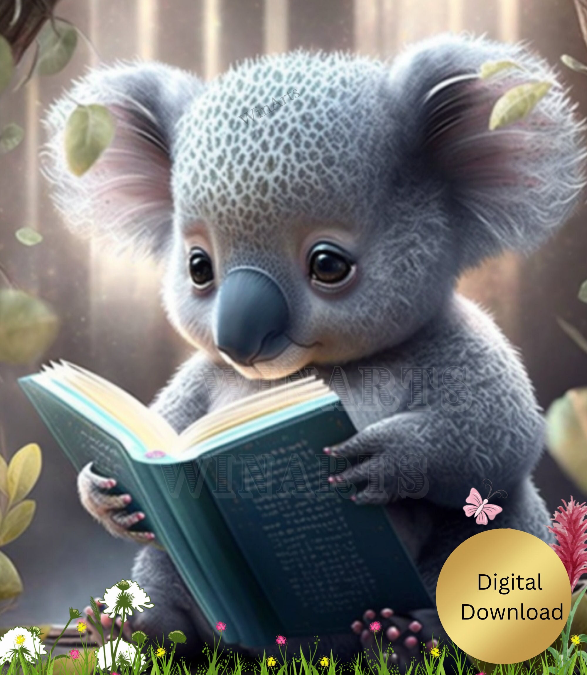 Koala Art Cute Koala Reading a Book Printable, Nursery Digital