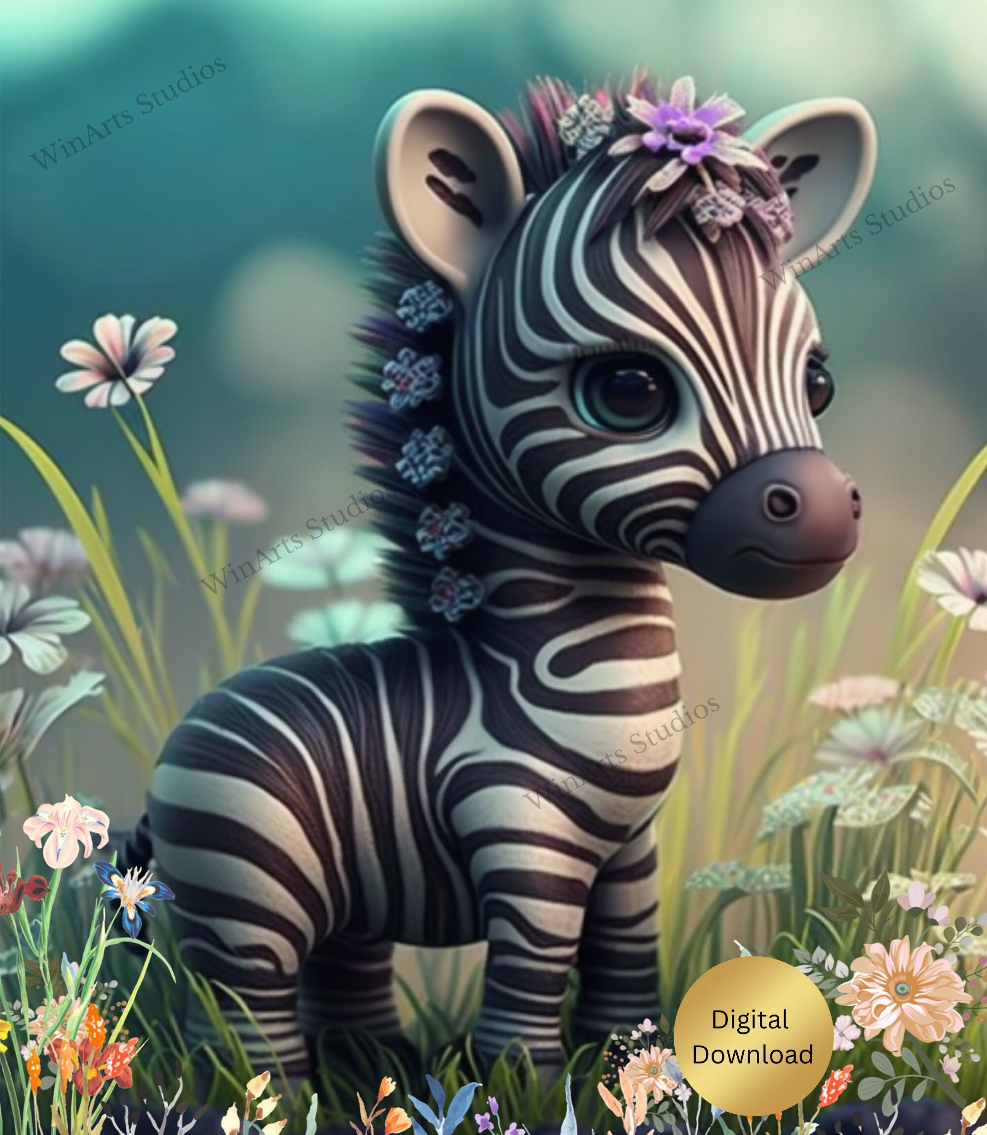 Cute Baby Zebra in Garden of Flowers Nursery Art (Instant Download) Etsy