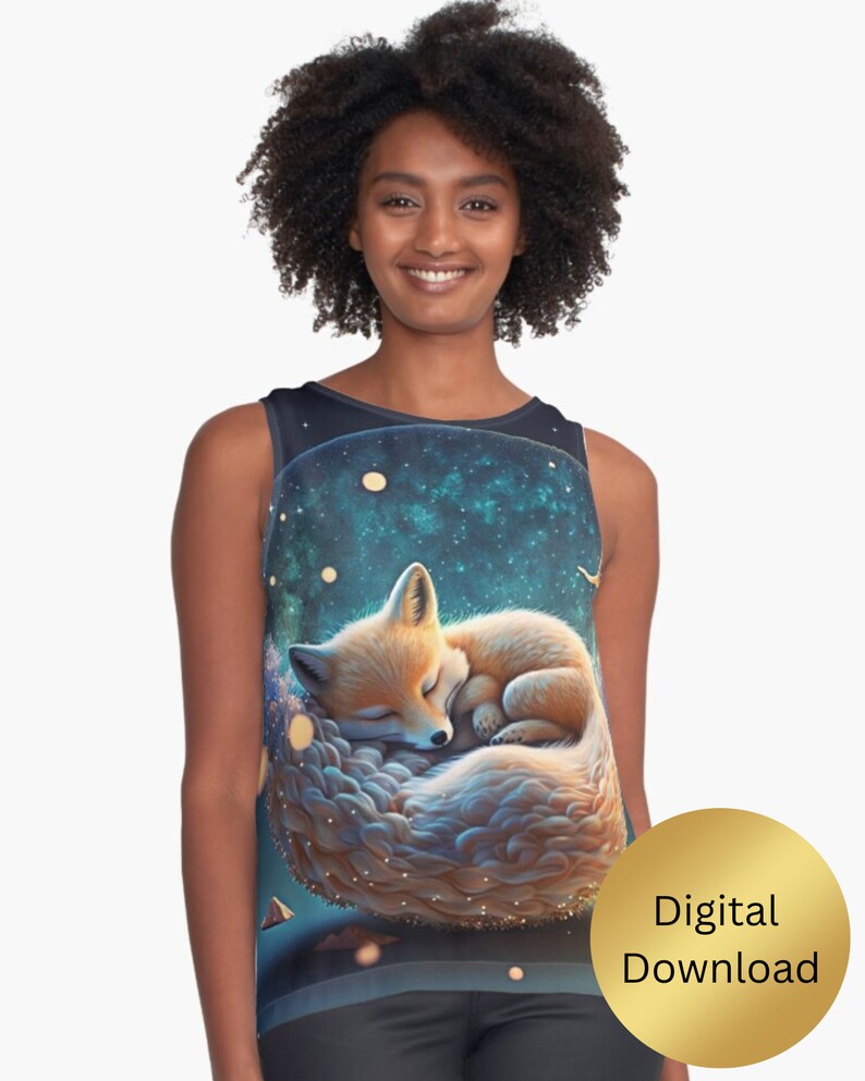 Nursery Art Fox Sleeping Galaxy Moon Stars Printable, Digital Download