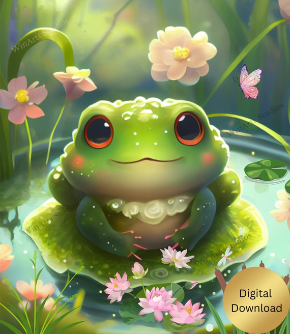 Frog Wall Art Cute Baby Frog in a Pond Pink Flowers Lilypads