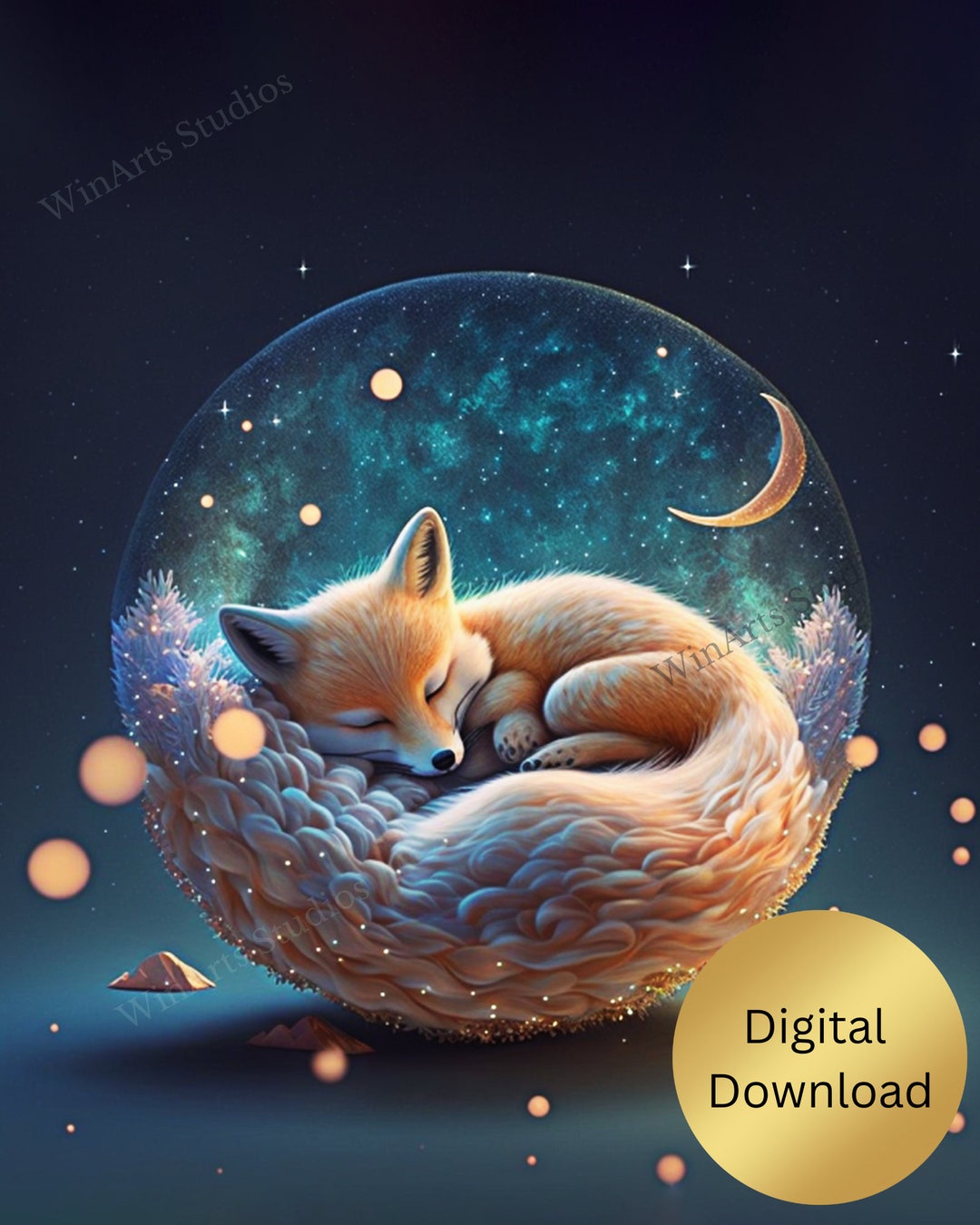 Nursery Art Fox Sleeping Galaxy Moon Stars Printable, Digital Download