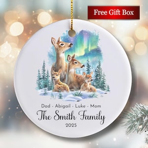 Personalized Family of Four Ornament Deer Ornament Family Christmas Ornament Northern Lights Ornament Aurora Borealis Winter Ornament
