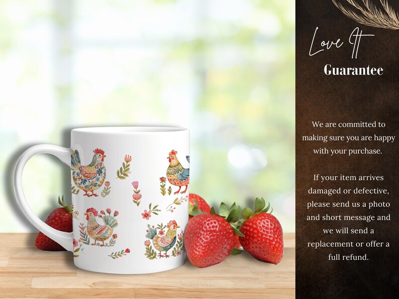 May include: White ceramic mug with a colorful rooster design. The mug has a handle and is surrounded by strawberries.