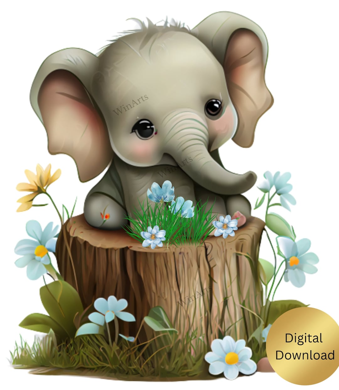 Baby Elephant Art Cute Baby Elephant Sitting on a Log Etsy