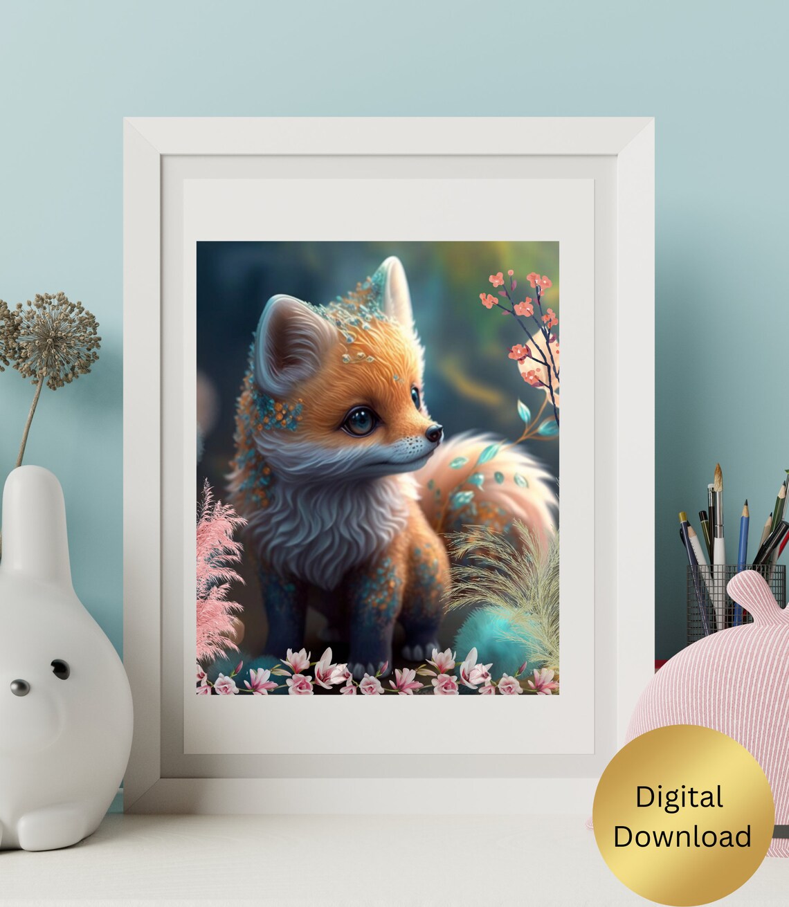 Cute Whimsical Fox Orange Green Jewels Nursery Art Printable, Digital