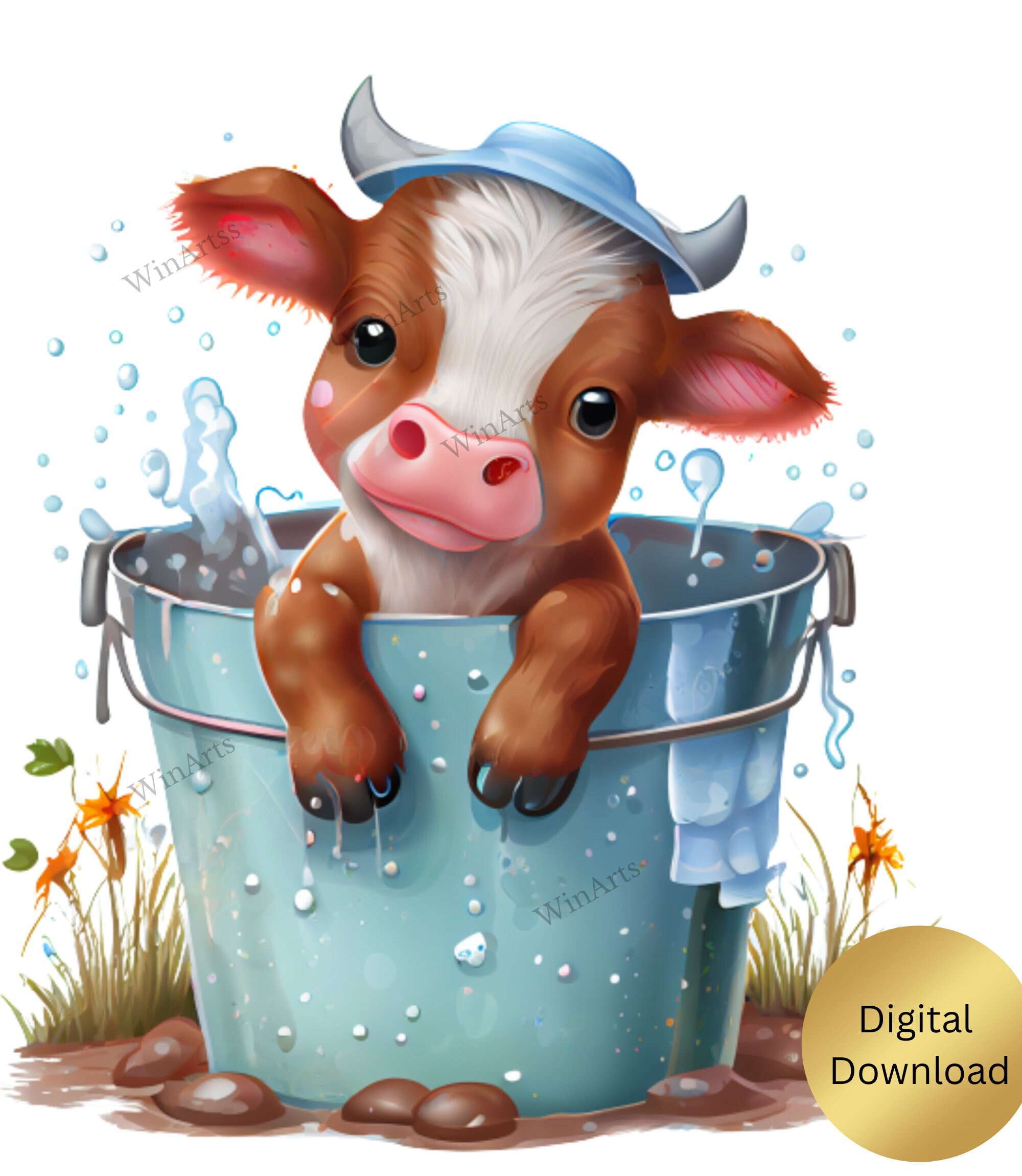 Cow Art Cute Baby Cow in a Bucket Farm Animals Transparent Etsy