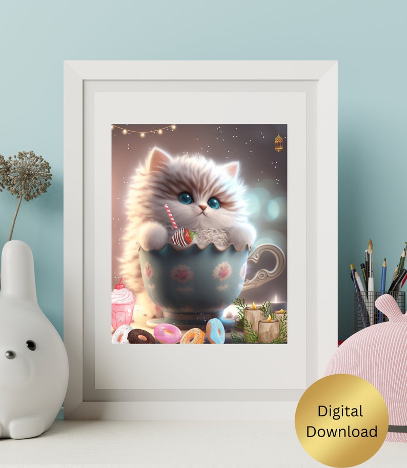 Cat Wall Art Cute Cat Kitten in a Mug Sweet Treats Printable, Nursery