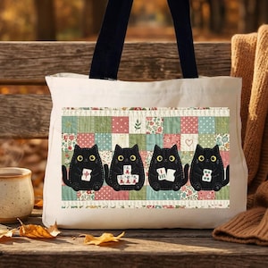 Mahjong Cat Tote Bag, Cute Black Cat Game Night Tote, Faux Patchwork Quilt Style Cat Lover Gift, Mahjong Player Bag Gift for Mahjong Lover image 15