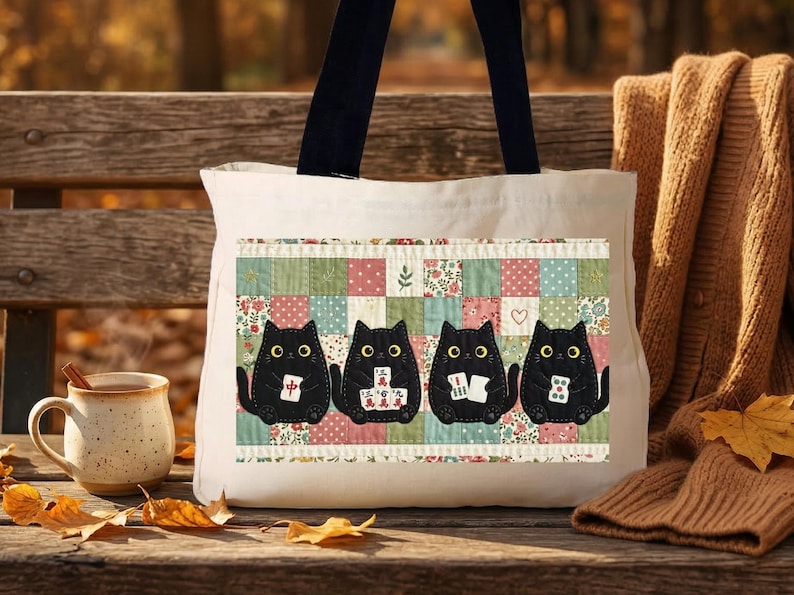 Mahjong Cat Tote Bag, Cute Black Cat Game Night Tote, Faux Patchwork Quilt Style Cat Lover Gift, Mahjong Player Bag Gift for Mahjong Lover image 15