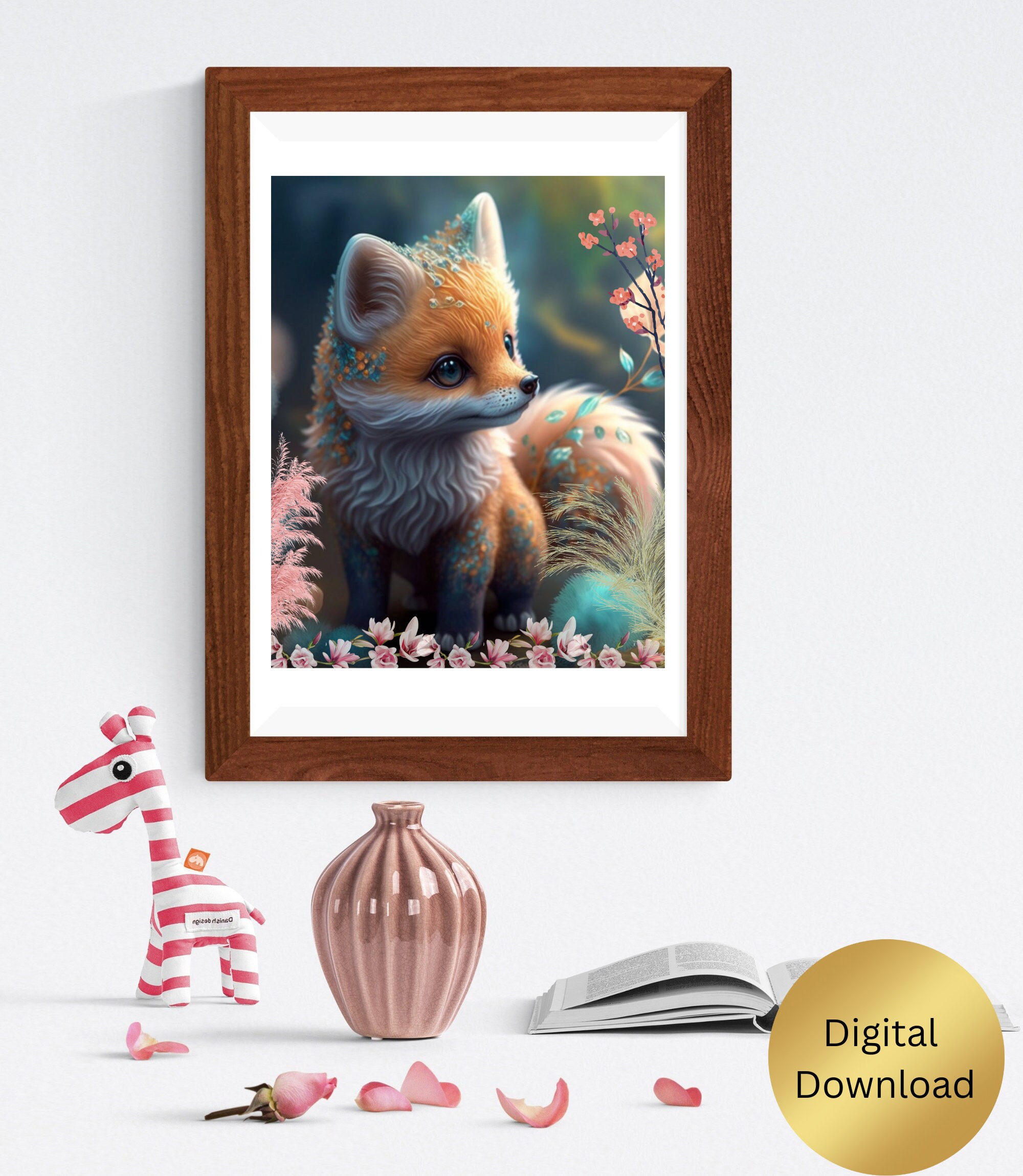 Cute Whimsical Fox Orange Green Jewels Nursery Art Printable, Digital