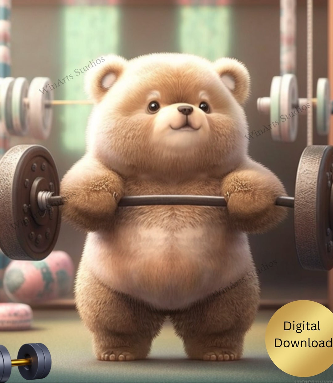 Cute Teddy Bear Lifting Weights Art Printable, Digital Instant Download, Digital Print, AI
