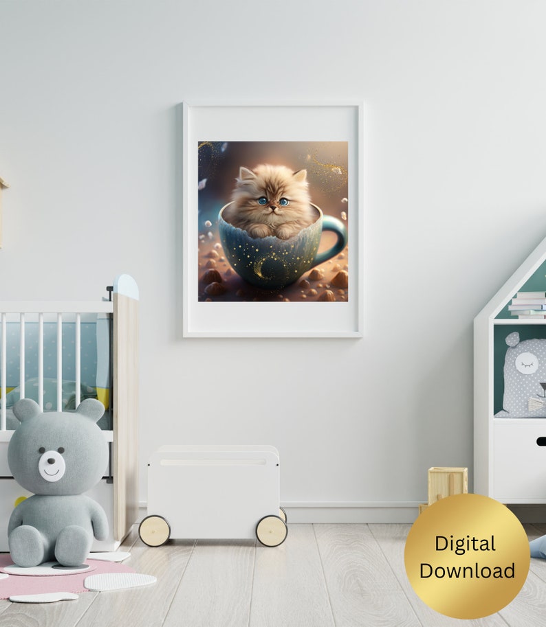 Cute Kitten in a Mug Sparkle Nursery Art Printable Digital - Etsy