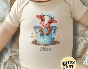 Personalized Cow Onesie® Baby Onesie® Cute Baby Announcement Onesie® Cute Bodysuit Newborn Baby Gift Baby Shower Gift New Baby Farm Inspired