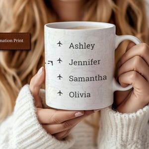 May include: White ceramic mug with a black airplane icon and the names Ashley, Jennifer, Samantha, and Olivia printed on it.