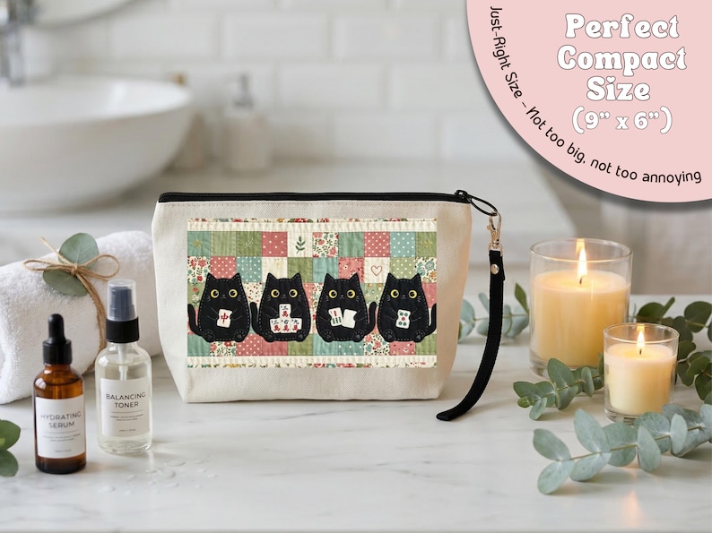 Mahjong Cat Tote Bag, Cute Black Cat Game Night Tote, Faux Patchwork Quilt Style Cat Lover Gift, Mahjong Player Bag Gift for Mahjong Lover image 11