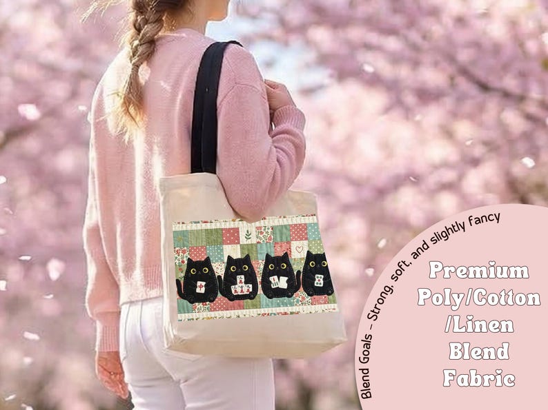 May include: A beige tote bag with black shoulder straps featuring a graphic of four black cats holding mahjong tiles against a patchwork background. The text on the bag reads: Blend Goals - Strong, soft, and slightly fancy Premium Poly/Cotton/Linen Blend Fabric.