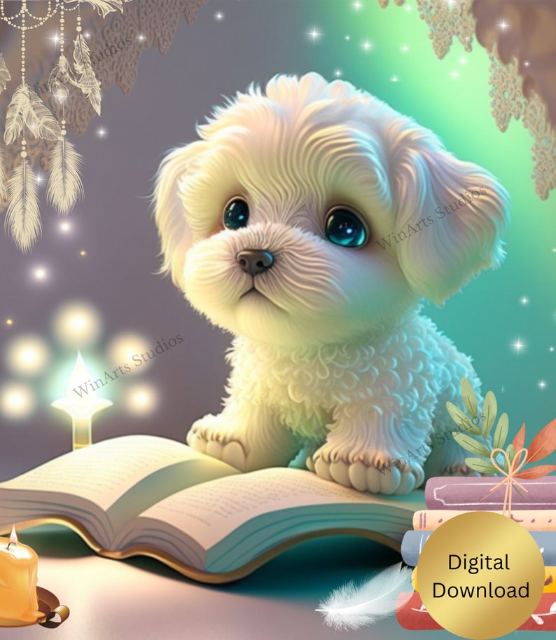 Cute Puppy Dog reading a book Nursery Art Printable, Digital Instant Download, Digital Print, AI Generated, Wall Art, Cute Animal image 1