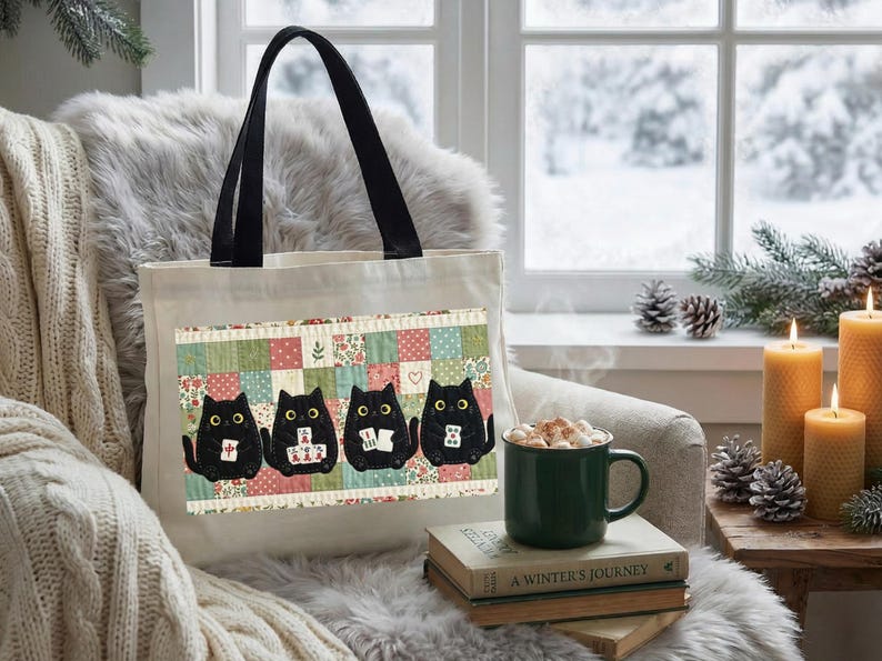 May include: A cream-colored canvas tote bag with black handles featuring a rectangular graphic of four black cats sitting in a row against a colorful patchwork quilt background, with each cat holding a small white mahjong tile in its paws.