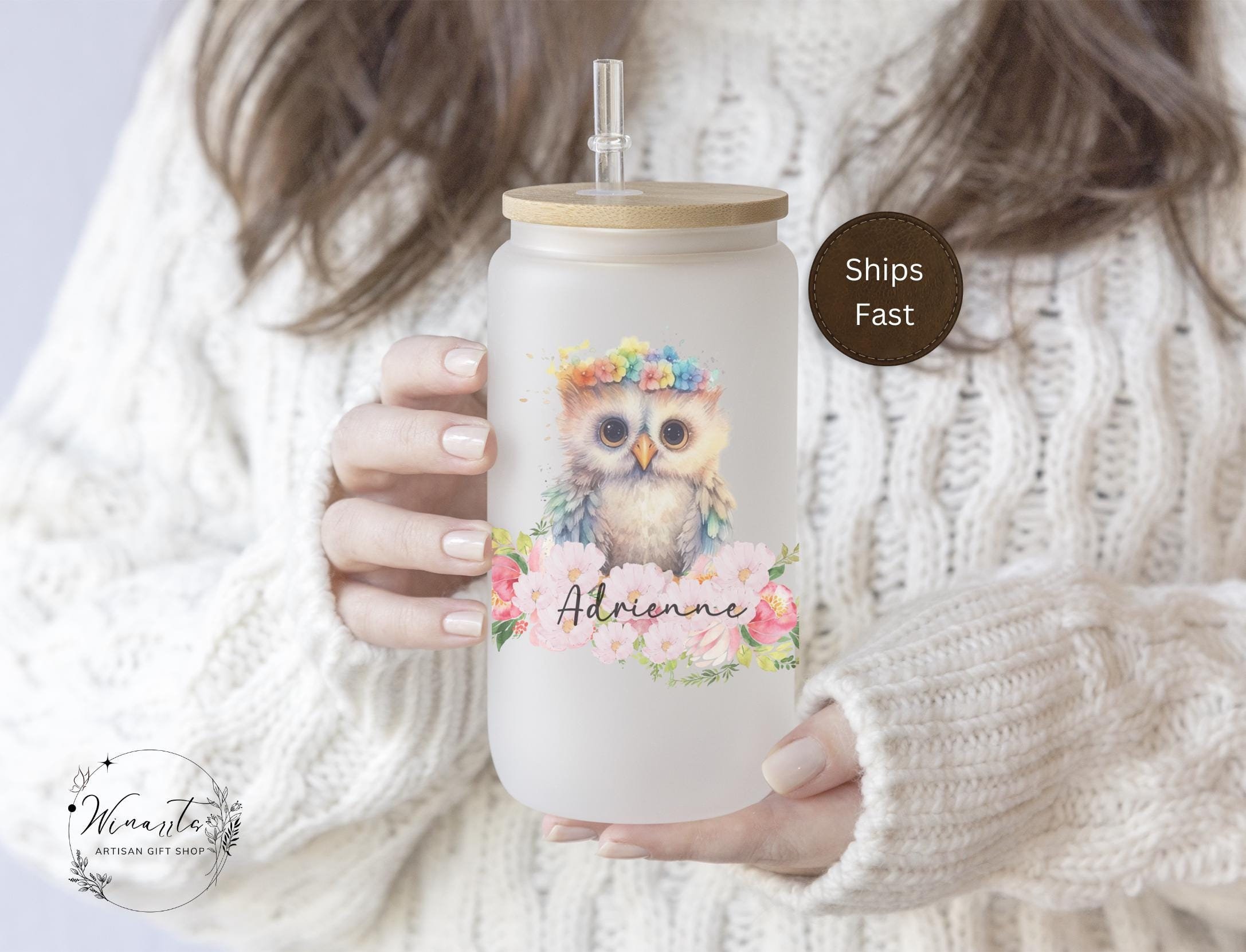 Personalized Floral Owl Mug with Straw and Lid Iced Coffee Frosted Tumbler Gift For Women Gift For O