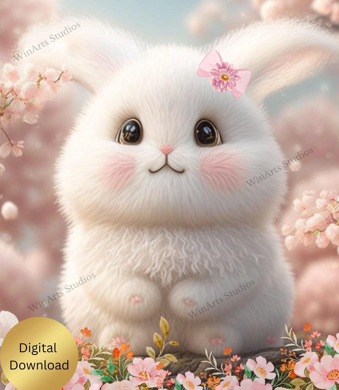 Cute Easter Bunny Rabbit in Garden of Flowers Art Printable, Digital
