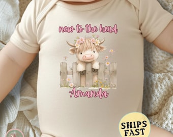 Personalized Cow Onesie New To The Herd Highland Cow Baby Onesie® Baby Announcement Bodysuit New Baby Shower Gift Baby Bodysuit