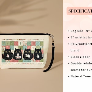 May include: A natural-toned pouch with a black zipper and a 5-inch wristlet lanyard. The front features a graphic of four black cats playing mahjong against a colorful patchwork background. The bag measures 9 inches by 6 inches and is made of a poly, cotton, and linen blend.