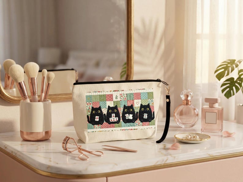 May include: A cream-colored canvas zippered pouch featuring a graphic print of four black cats sitting in a row against a colorful patchwork quilt background. The pouch includes a black wrist strap attached to the side zipper pull.