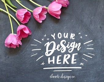 Download Tulip Flat Lay On Chalkboard Styled Photo Social Media Mockup Pink Tulips Chalk Board Mockup Blog Minimalist Feminine Spring Mockup Poster Mockups Free Premium PSD Mockup Templates