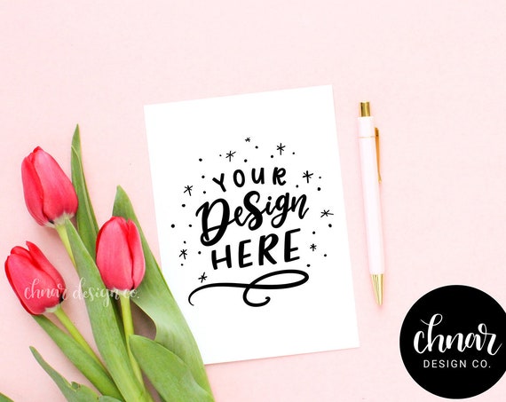 Flatlay Mockup With Tulips Styled For Spring Stock
