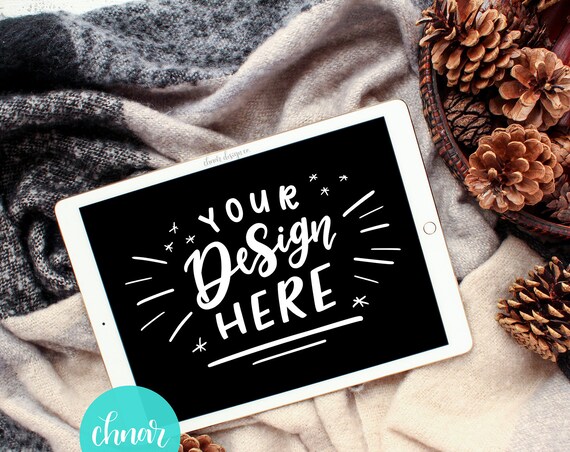 Ipad Flat Lay Mockup With Pinecones Styled Photography