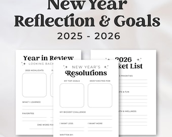 New Year Reflections & Goals Printable, Year in Review Worksheet, New Year Resolutions and 2026 Bucket List, Editable Canva Template