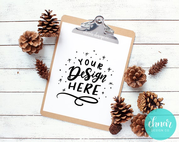 Free Pinecones And Clipboard Flatlay Photo Ipad Lettering Mockup (PSD