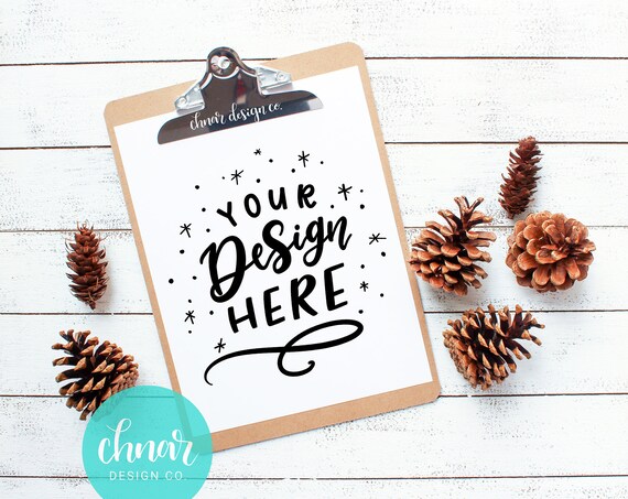 Clipboard Mockup With Pinecones On Wood Background Styled Clipboard Mockup With Pinecones On Wood Background Styled