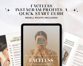 May include: A pink and green digital tablet displaying a guide titled "Faceless Instagram Profits: A Quick Start Guide". The guide includes a table of contents and a section on brainstorming processes for digital content. The text "Your Step-by-Step Guide to Passive Income on Instagram Without Showing Your Face" is also displayed on the tablet.