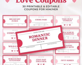 Love Coupons Book Printable Template, 30 Romantic Coupons + Blank Vouchers, Valentine’s Gift for Him or Her, Last Minute Anniversary Gift