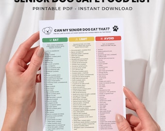 Senior Dog Food List Printable, Safe Foods for Older Dogs Chart, Eat Limit Avoid Guide, Healthy Treat Reference, Pet Care PDF