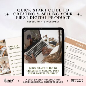 Puede incluir: Una guía de producto digital con una tabla de contenido, una hoja de ruta paso a paso para aspirantes a empresarios digitales, y un portátil con las manos de una mujer escribiendo en el teclado. La guía se titula "Guía de inicio rápido para crear y vender tu primer producto digital".