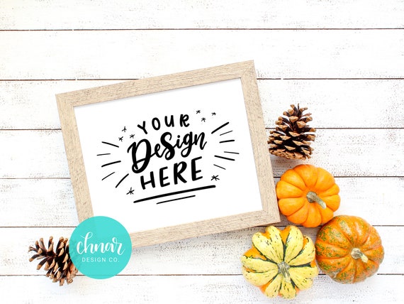 Landscape Frame Mockup Up With Pumpkin Gourds And Pinecones