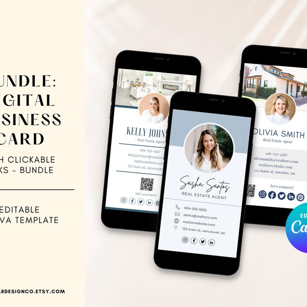 Digital Business Card with Clickable links QR Code, Real Estate Marketing, Real Estate Business Card, Canva Template, Realtor Business Card