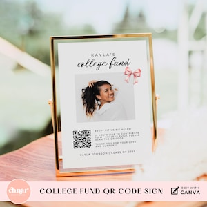 College Fund QR-Code-Zeichenvorlage, bearbeitbare rosa Bogenspitze Die Gradkartenvorlage, druckbare Foto-Grad-Partybeilage, CashApp-Spendenfond