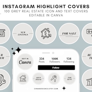 100 copertine grigie per Instagram Real Estate - Modello Canva Real Estate, social media marketing immobiliare, icone evidenziate