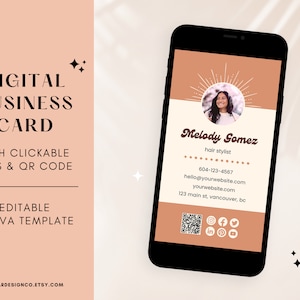 Enlaces en los que se puede hacer clic en tarjetas de presentación digitales, código qr, plantilla canva para estilistas, artistas de uñas, técnicos de pestañas, tarjetas de presentación de entrenadores, retro