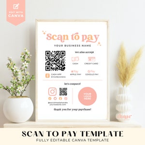 Può includere: Un modello di pagamento con scansione stampabile con uno schema di colori rosa e bianco. Il modello include un codice QR, un segnaposto per il nome dell'azienda e un elenco dei metodi di pagamento accettati, tra cui contanti, carta di credito, Apple Pay, Google Pay e Cash App. Il modello include anche una sezione per le maniglie dei social media e un posto per un logo.