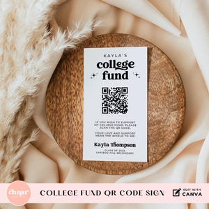Carte de financement universitaire avec code QR modifiable, encart cadeau de remise des diplômes imprimable, modèle de plaque DIY Astuce pour le diplôme, idées cadeau pour l'obtention du diplôme d'études secondaires