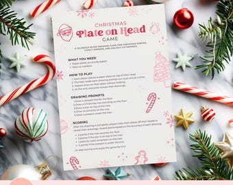 Christmas Plate on Head Game Printable, Funny Christmas Drawing Game, Holiday Party Game, Family Christmas Game, Editable Template