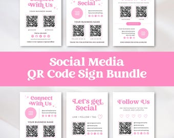 Editable Pink Social Media QR Code Signs, Printable Lash Business Signs, Let's Get Social Canva Template, Instagram Tiktok Follow Us Sign